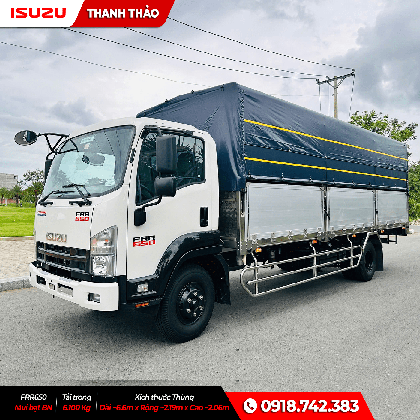 Xe tải Isuzu FRR650 Mui bạt bửng nhôm - Tải 6.1 tấn - Thùng dài 6m6