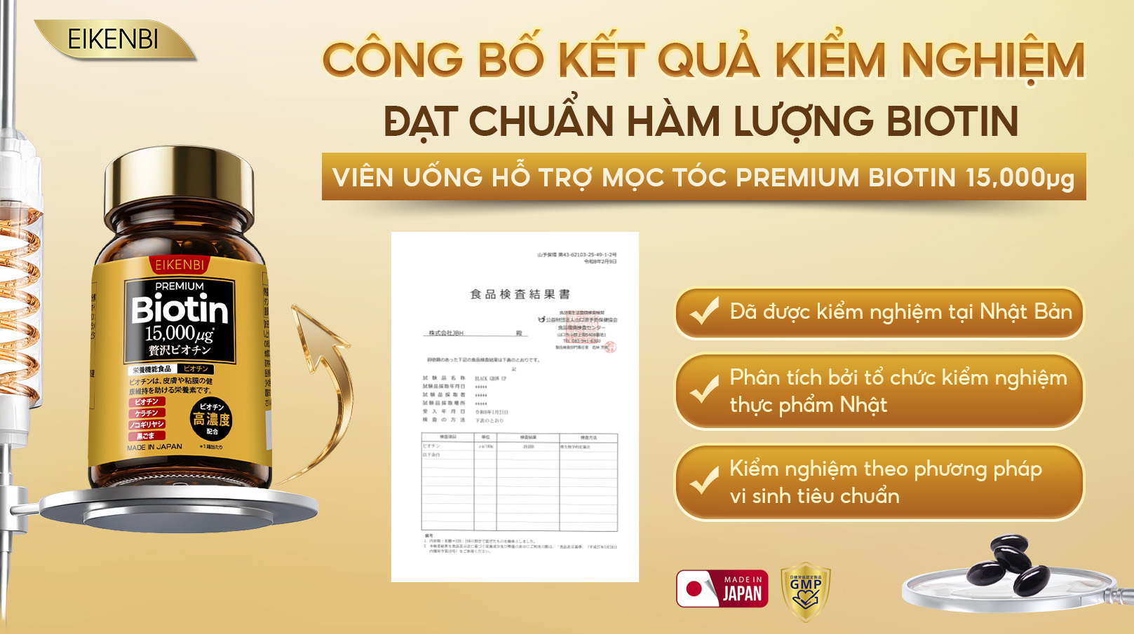 Công Bố Kết Quả Kiểm Nghiệm Viên Uống Hỗ Trợ Mọc Tóc Premium Biotin 15,000µg Eikenbi