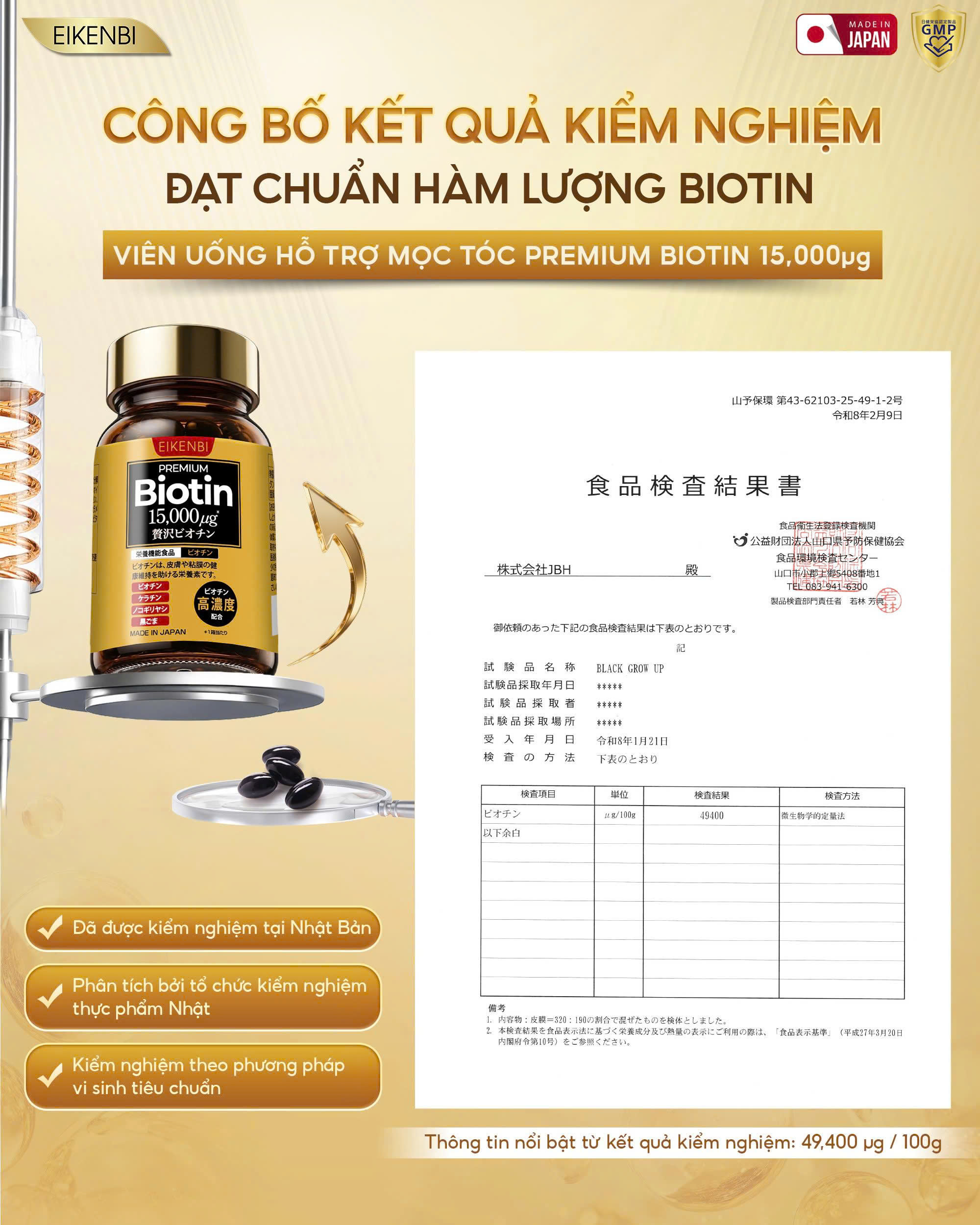 Công bố kết quả kiểm nghiệm viên uống mọc tóc Premium Biotin 15,000µg