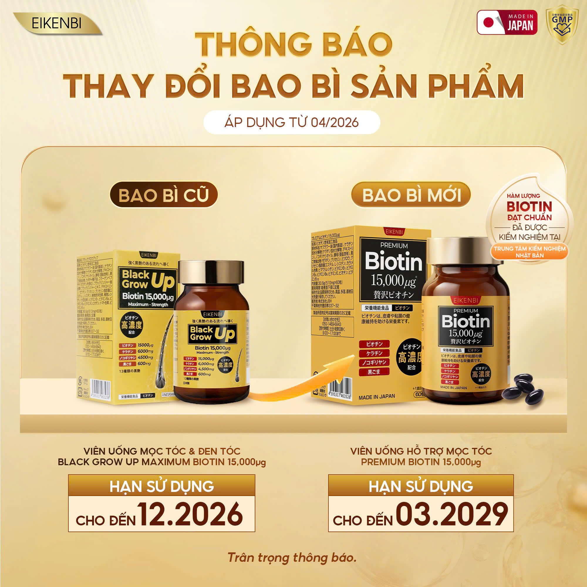 Thông báo thay đổi bao bì viên uống mọc tóc & đen tóc Black Grow Up 15,000µg