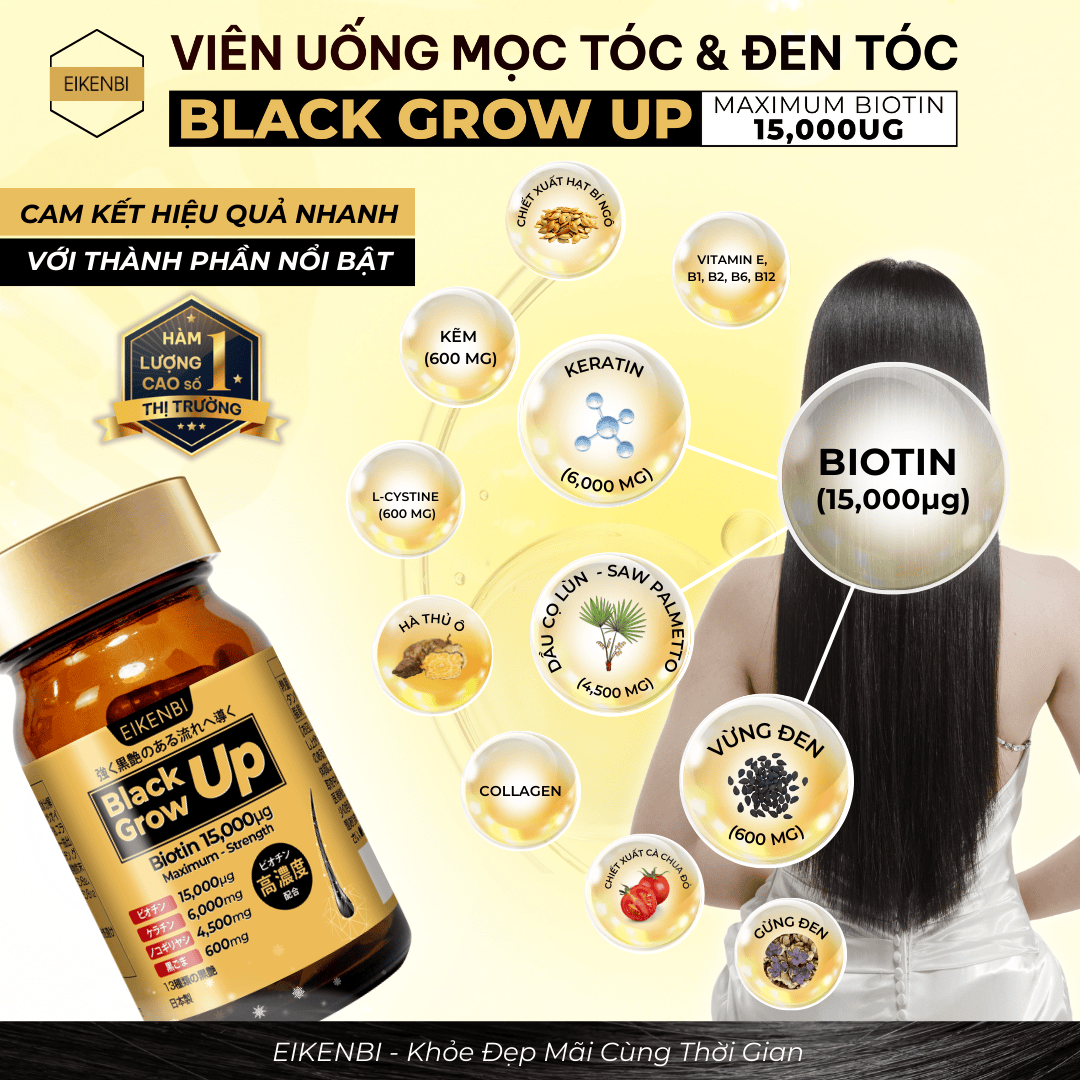Viên Uống Mọc Tóc & Đen Tóc Black Grow Up Maximum Biotin 15,000µg (Hộp 60 viên)