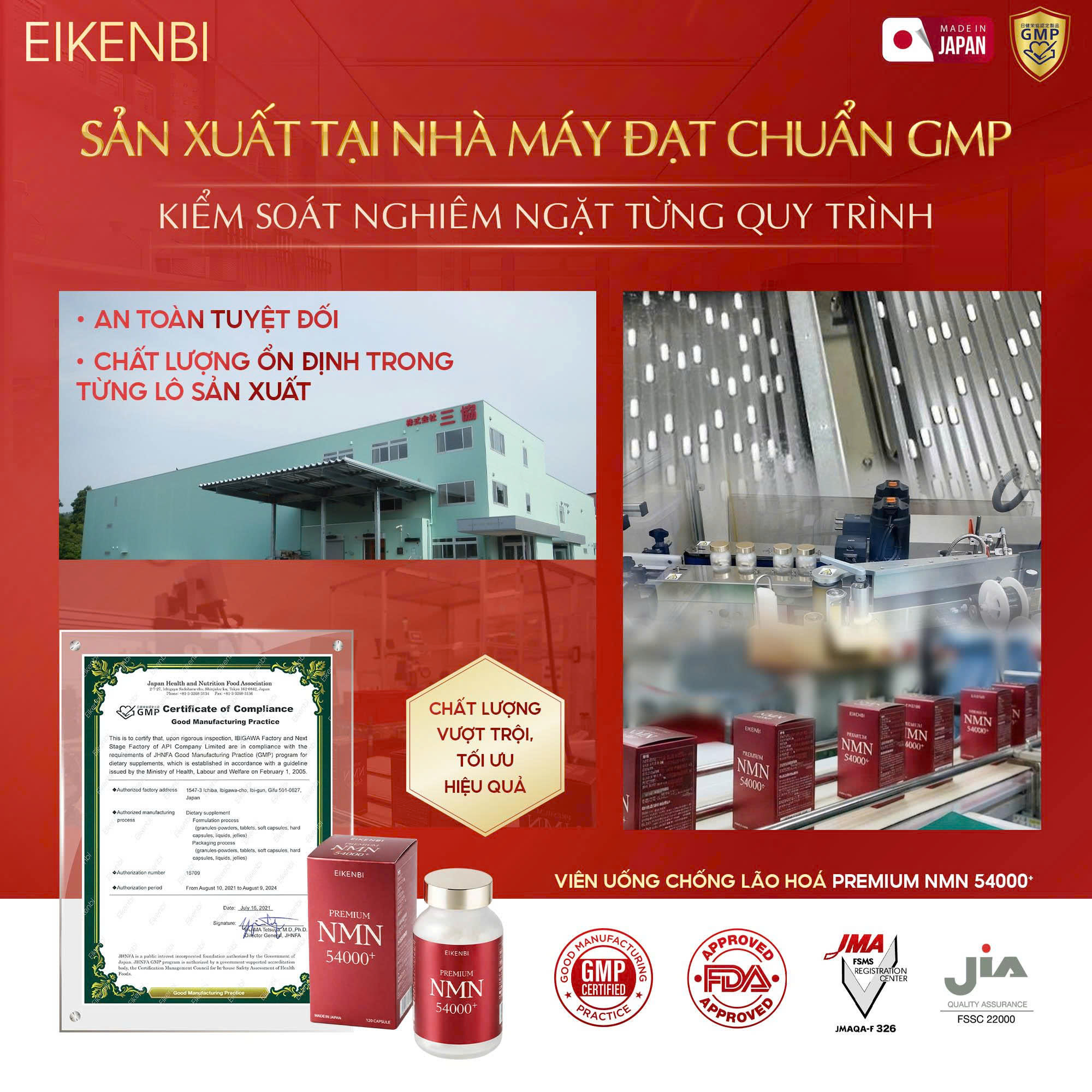 Viên uống NMN Eikenbi được sản xuất tại nhà máy đạt chuẩn GMP