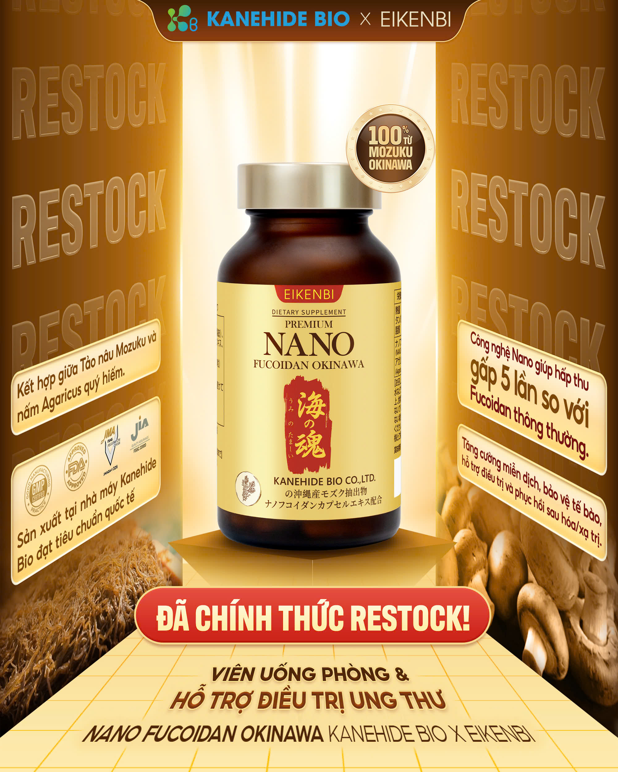 Thông báo restock sản phẩm viên Uống Phòng & Hỗ Trợ Điều Trị Ung Thư Nano Fucoidan Okinawa Kanehide Bio x Eikenbi
