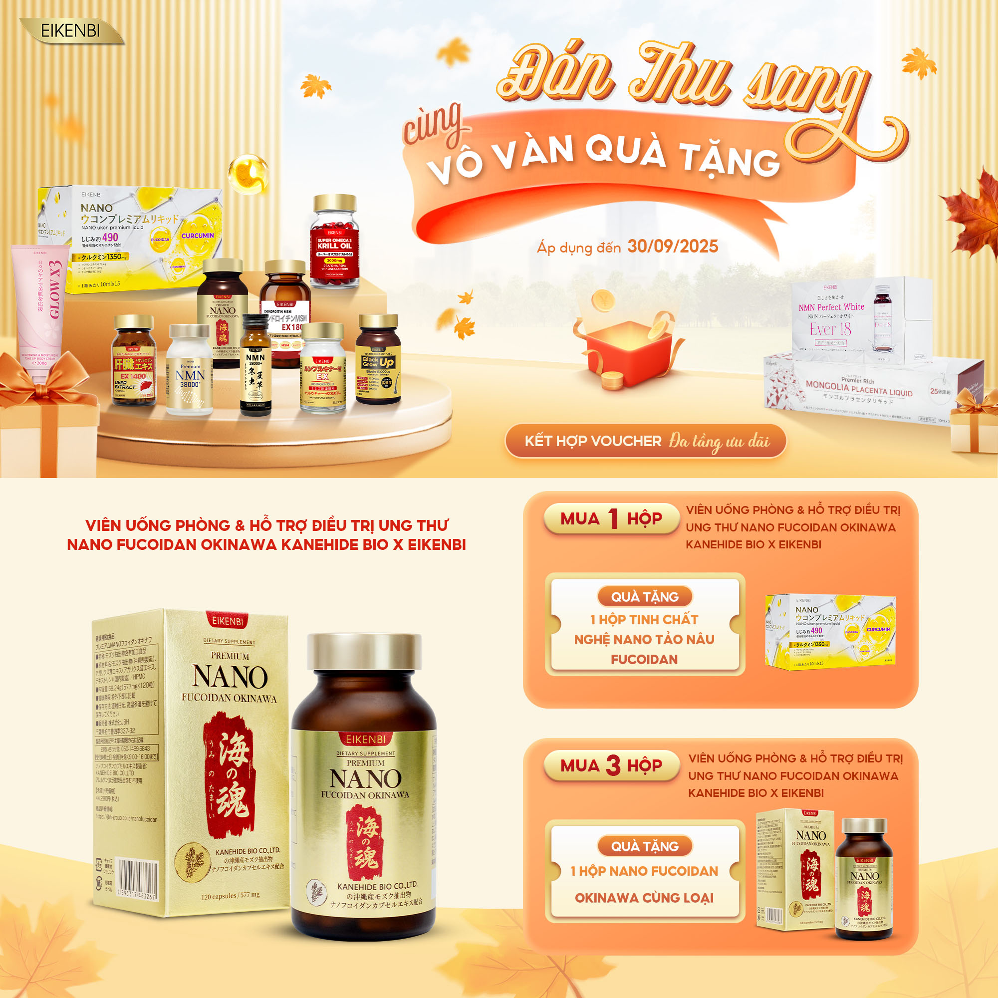 Viên Uống Phòng & Hỗ Trợ Điều Trị Ung Thư Nano Fucoidan Okinawa Kanehide Bio x Eikenbi (Hộp 120 viên)