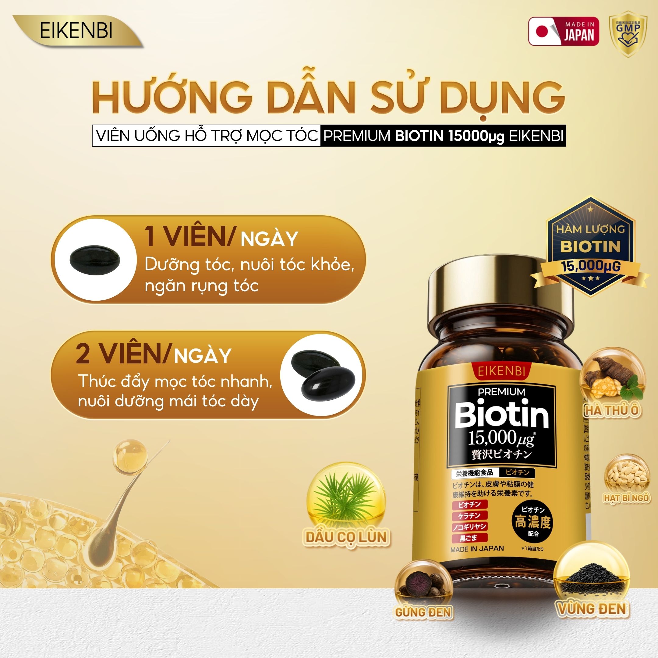 Hướng dẫn sử dụng viên uống mọc tóc & đen tóc Black Grow Up Maximum Biotin