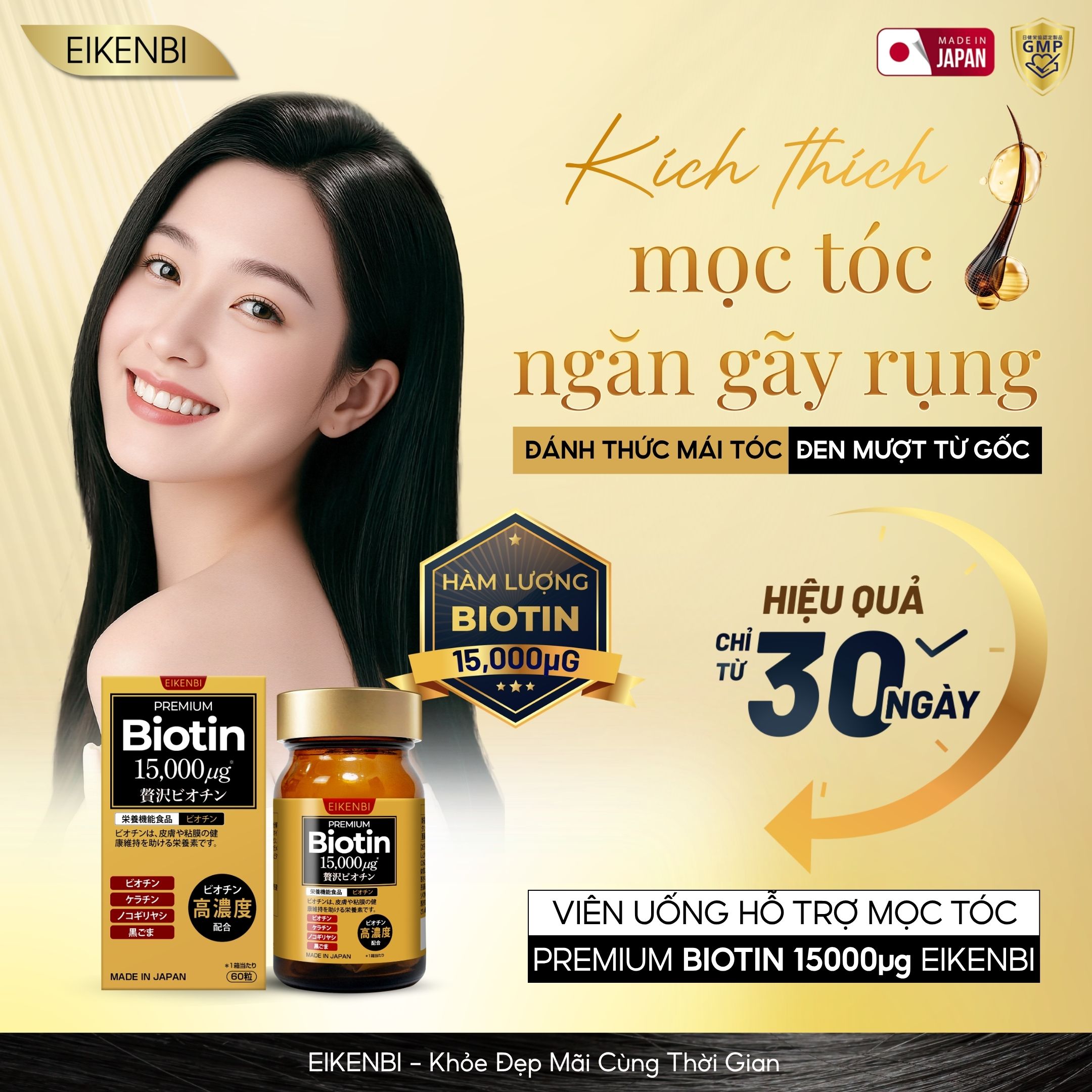 Viên Uống Mọc Tóc & Đen Tóc Black Grow Up Maximum Biotin 15,000µg (Hộp 60 viên)