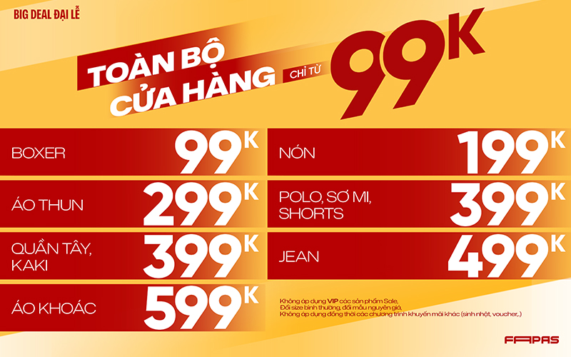 BIG DEAL 2/9 tại Fapas với nhiều sản phẩm nam đồng giá từ 99K, đa dạng lựa chọn cho tủ đồ mùa lễ.