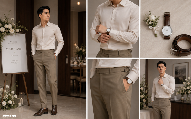 Outfit dự tiệc cưới với sơ mi và quần tây mang đến vẻ ngoài lịch sự, tinh tế nhưng vẫn thoải mái.