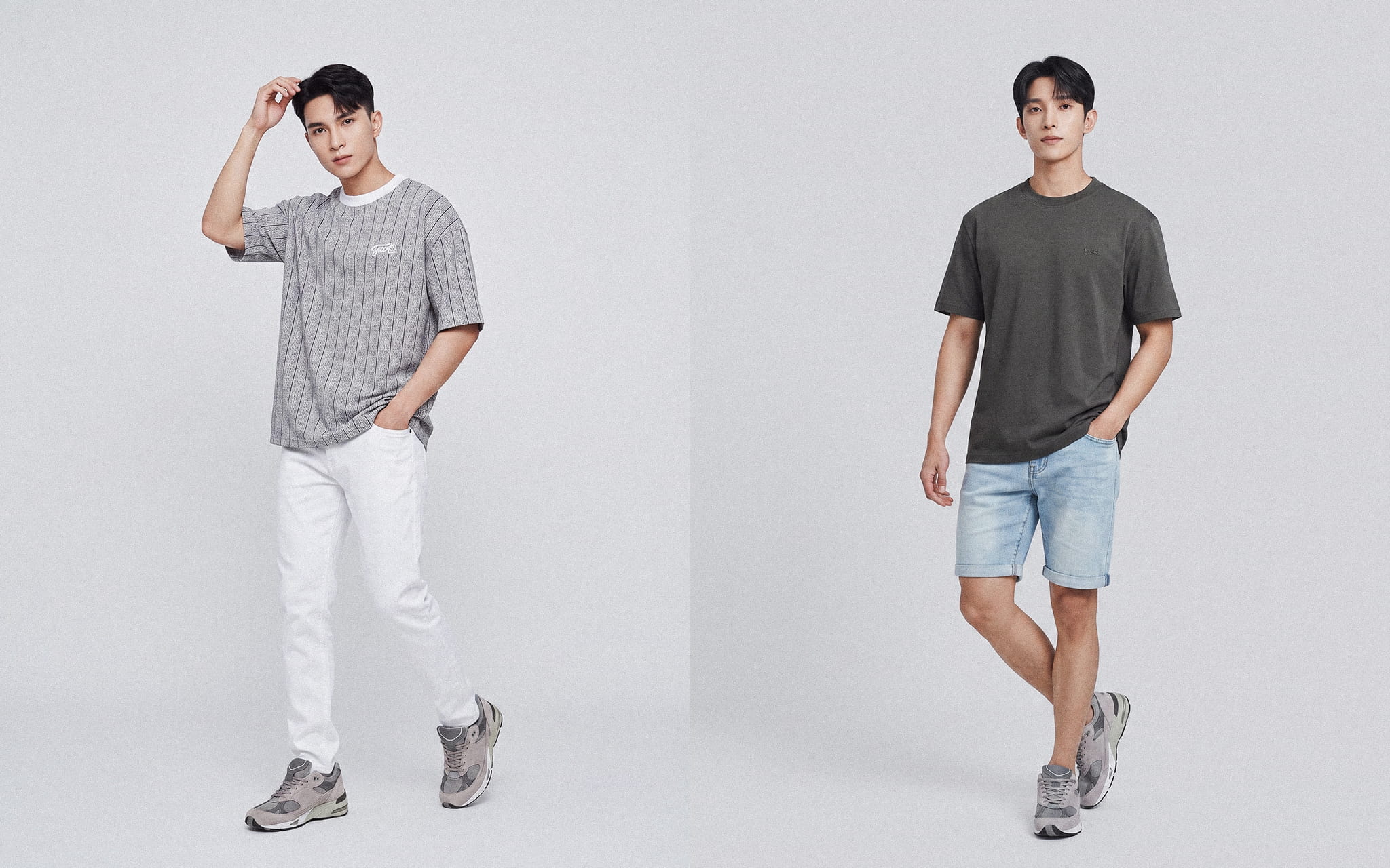 Những gam màu ghi, trắng và đen tạo nên các outfit nam đơn giản, thanh lịch và dễ mặc.