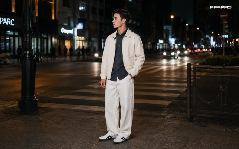 Áo khoác nhẹ kết hợp sơ mi và quần sáng màu tạo nên outfit vừa giữ ấm, vừa lịch sự cho những buổi dạo phố Đà Lạt.