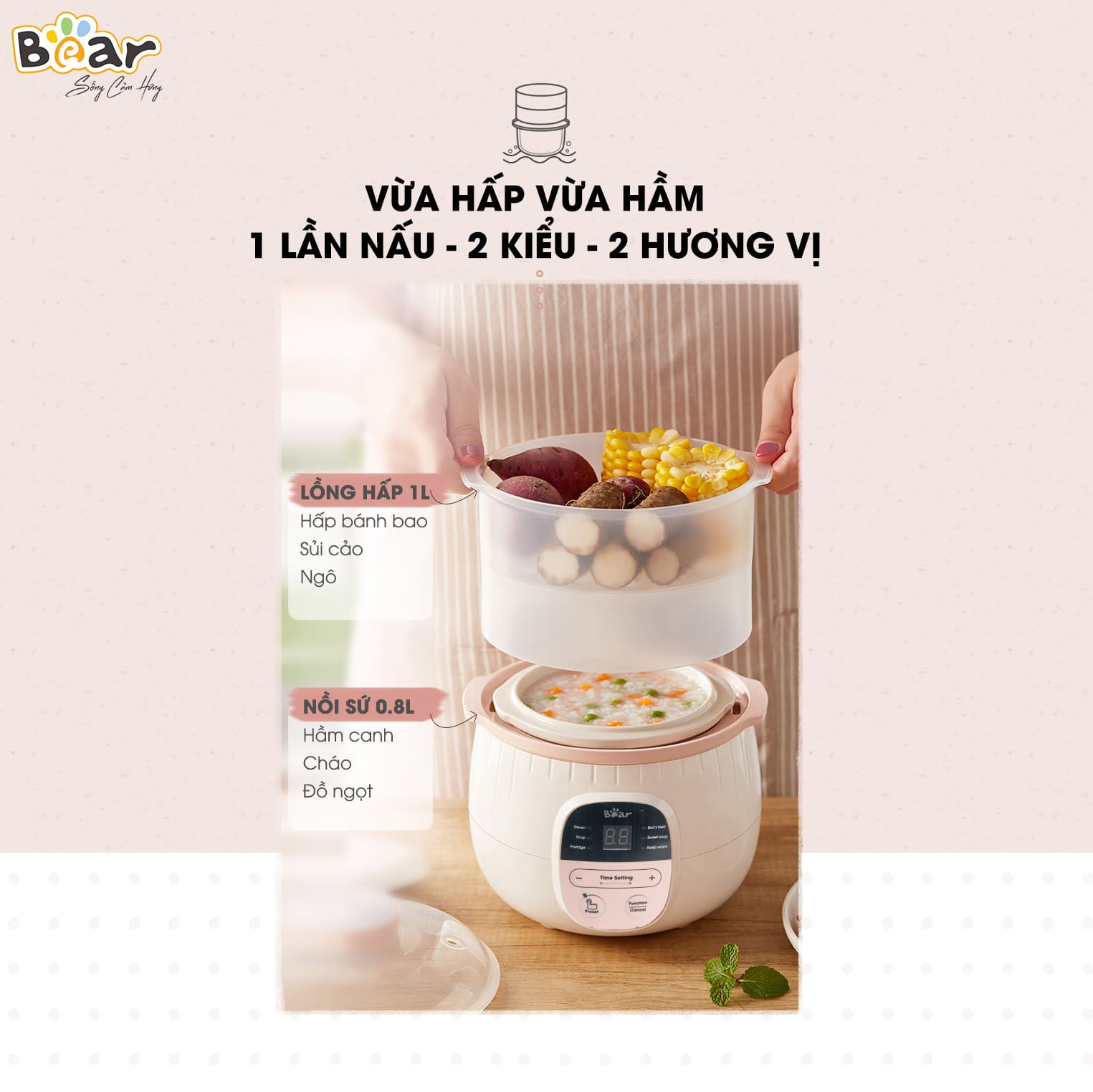 Noi Nau Cham Sube001 08Lit 3 Nồi Nấu Cháo Chậm 0,8L Bear Nâu