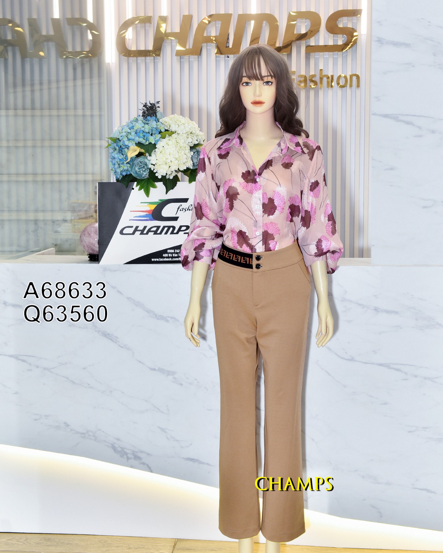 ÁO SƠ MI TƠ LỤA KEM HOA TÍM 68633