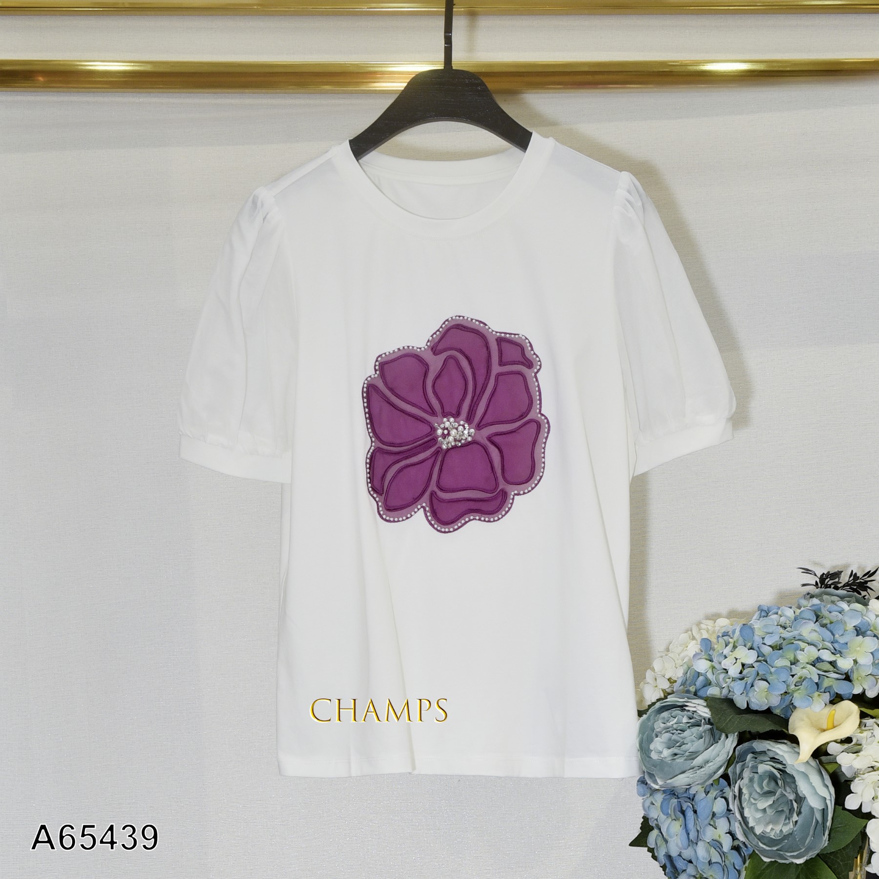 ÁO TRẮNG HOA HỒNG TAY LỤA 65439