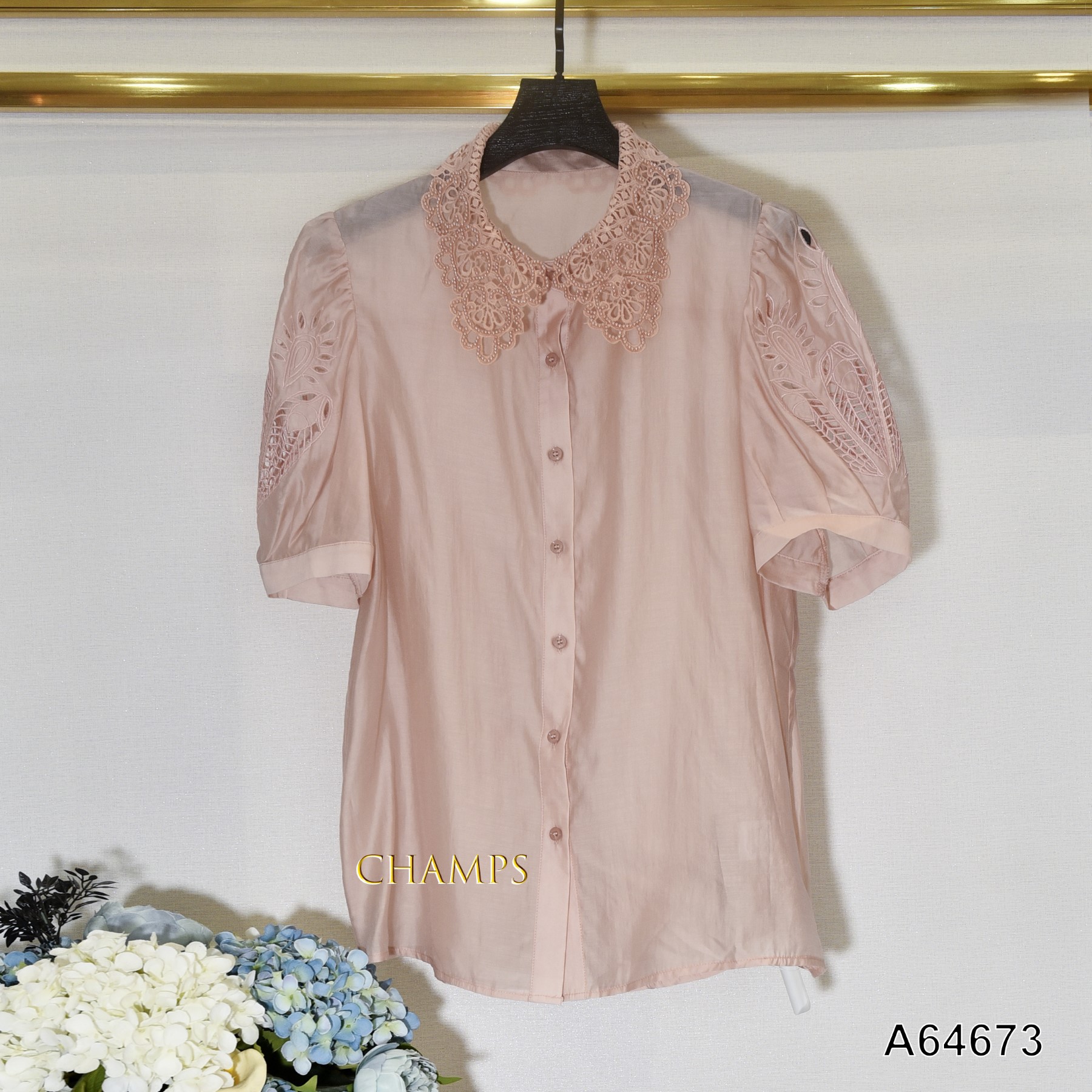 ÁO SƠ MI TƠ HỒNG CAM CỔ CƯỜM 64673