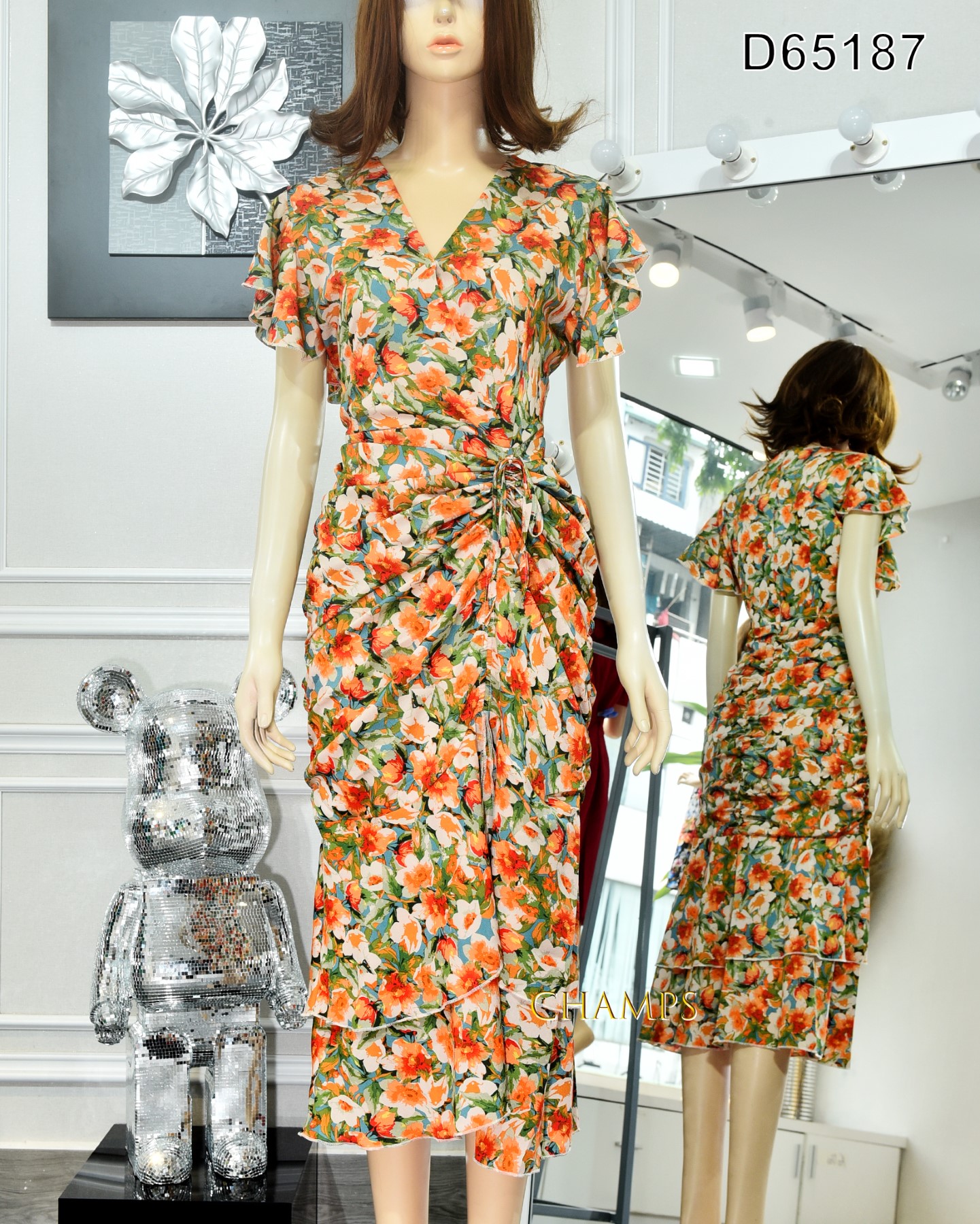 ĐẦM LỤA HOA CAM RÚT EO 65187