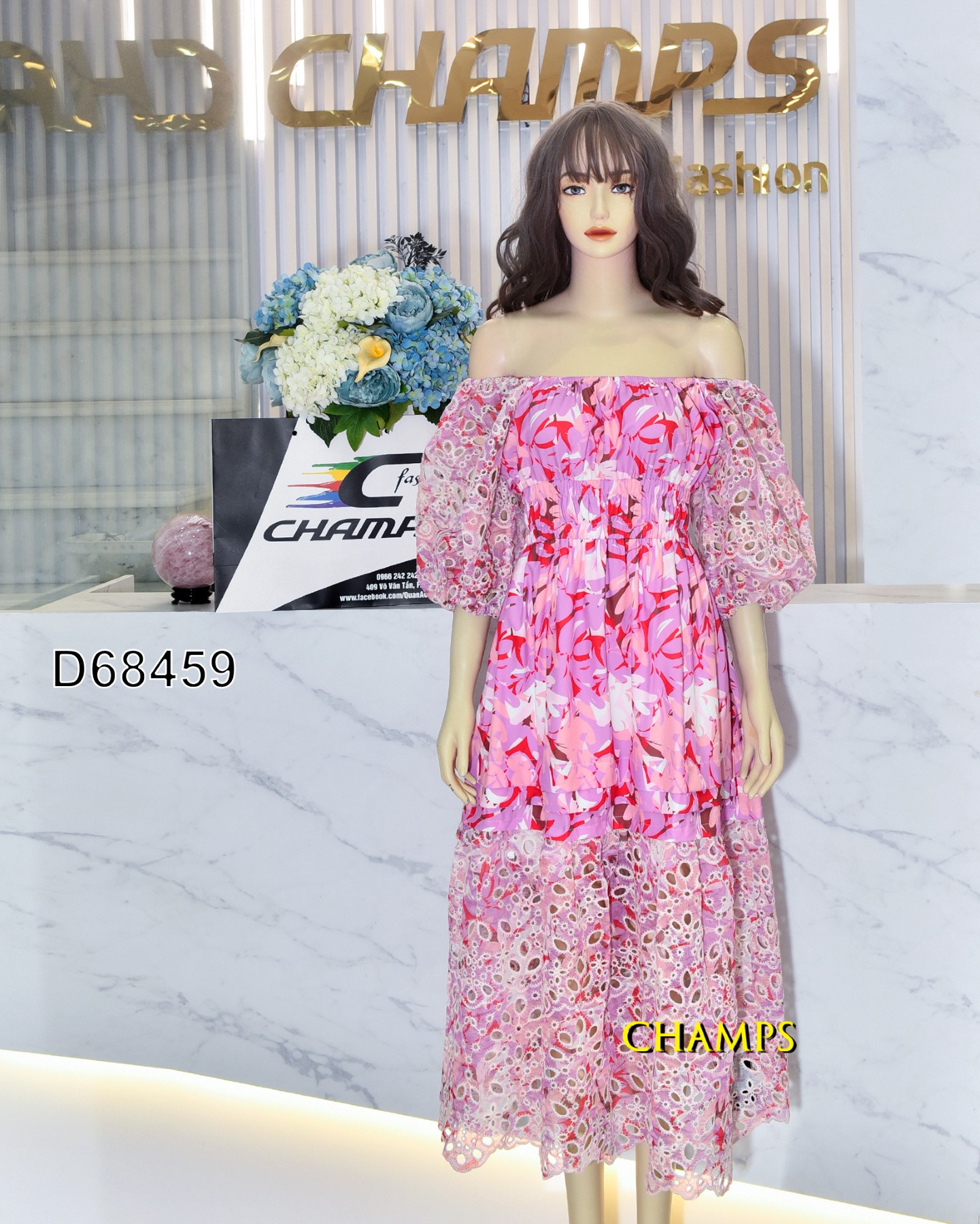 ĐẦM HỒNG DÀI VAI TRỄ THÊU 68459