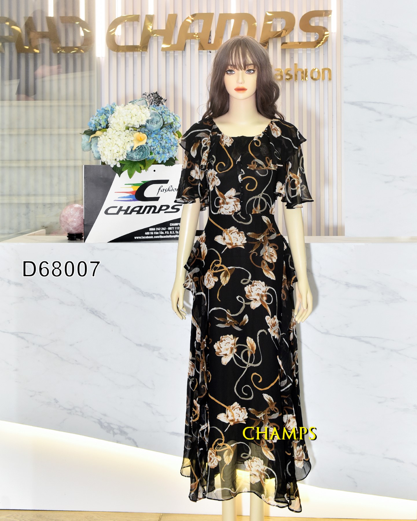 ĐẦM LỤA ĐEN HOA NÂU 68007