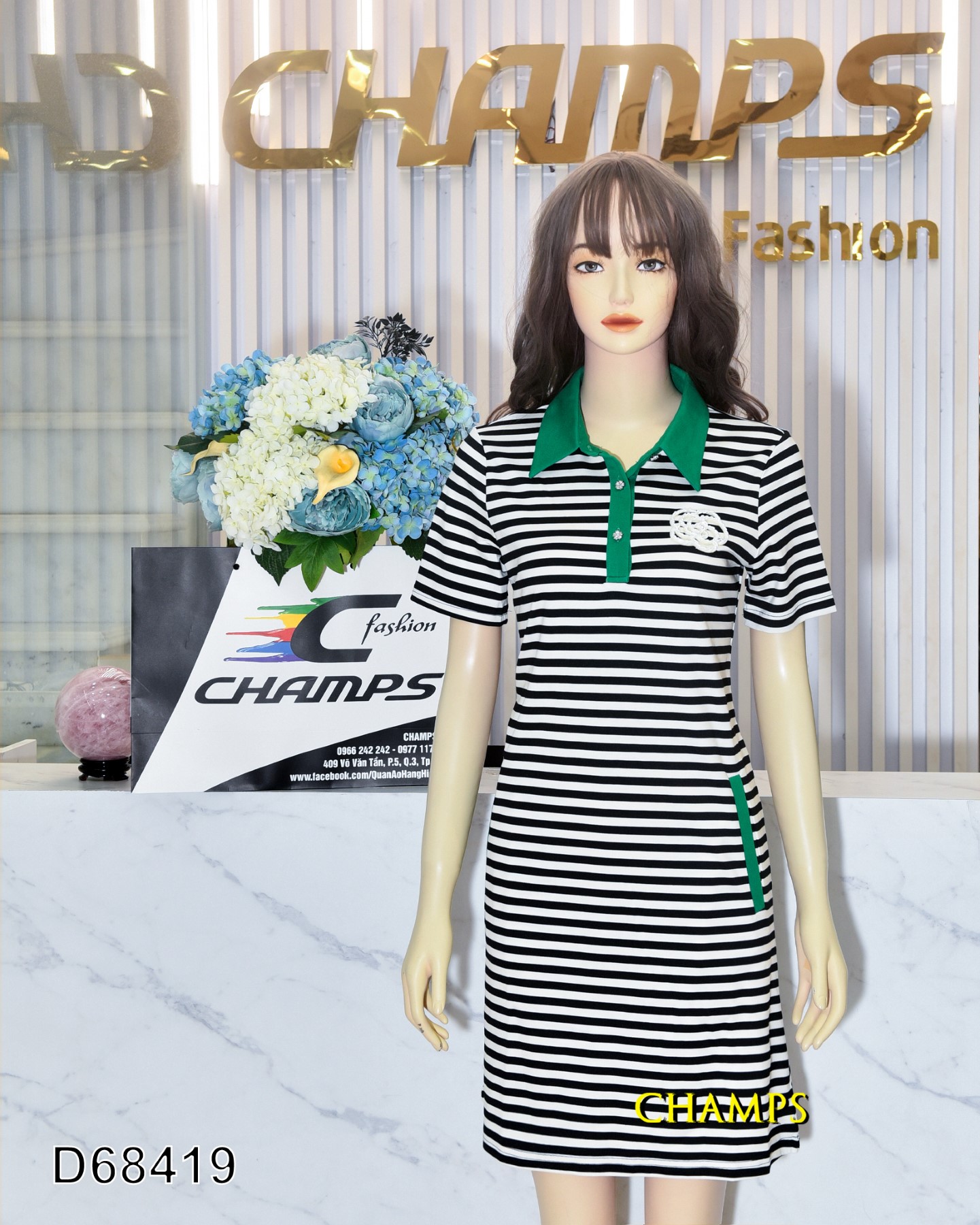 ĐẦM THUN KẺ ĐEN CỔ XANH 68419