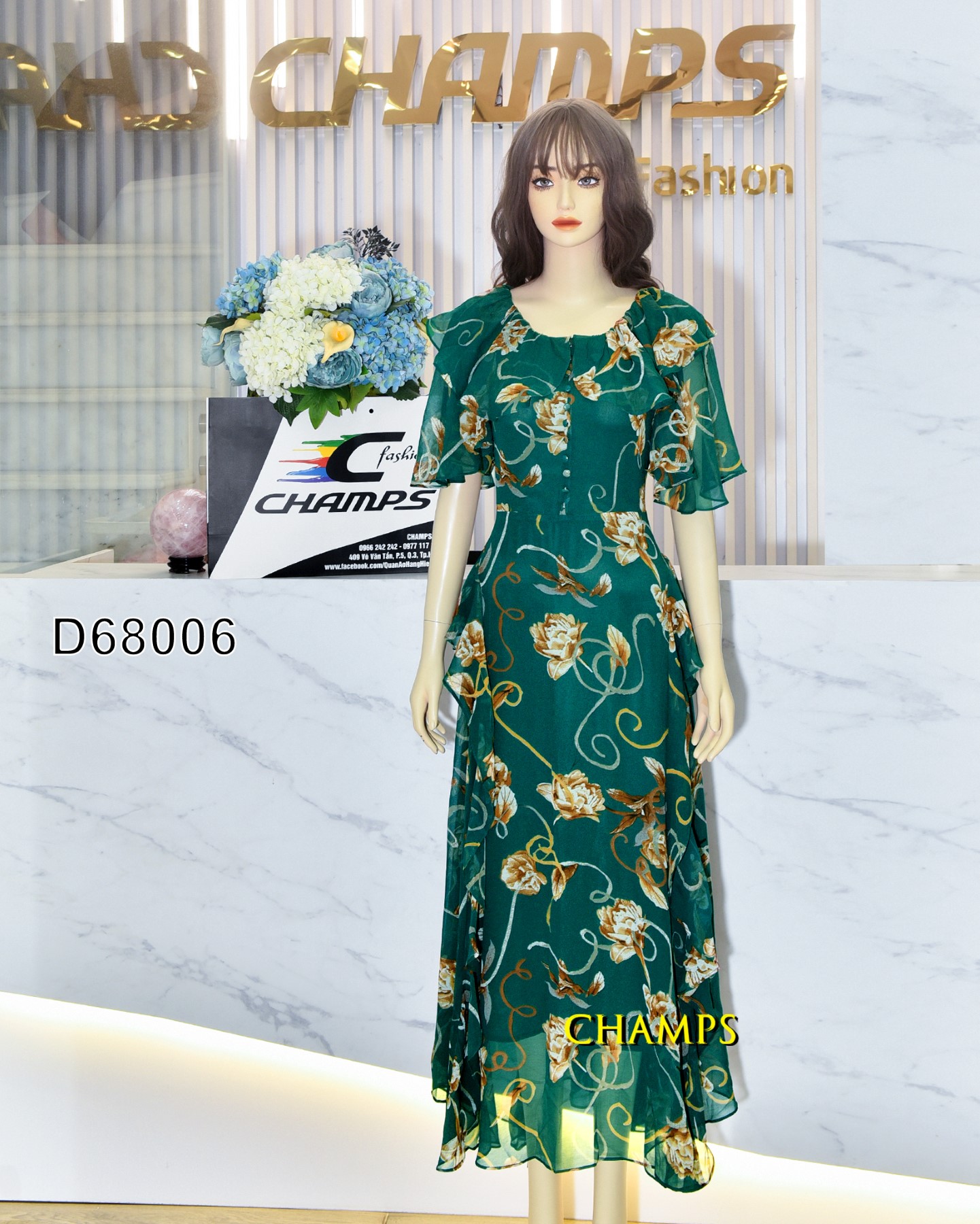 ĐẦM LỤA XANH HOA NÂU 68006