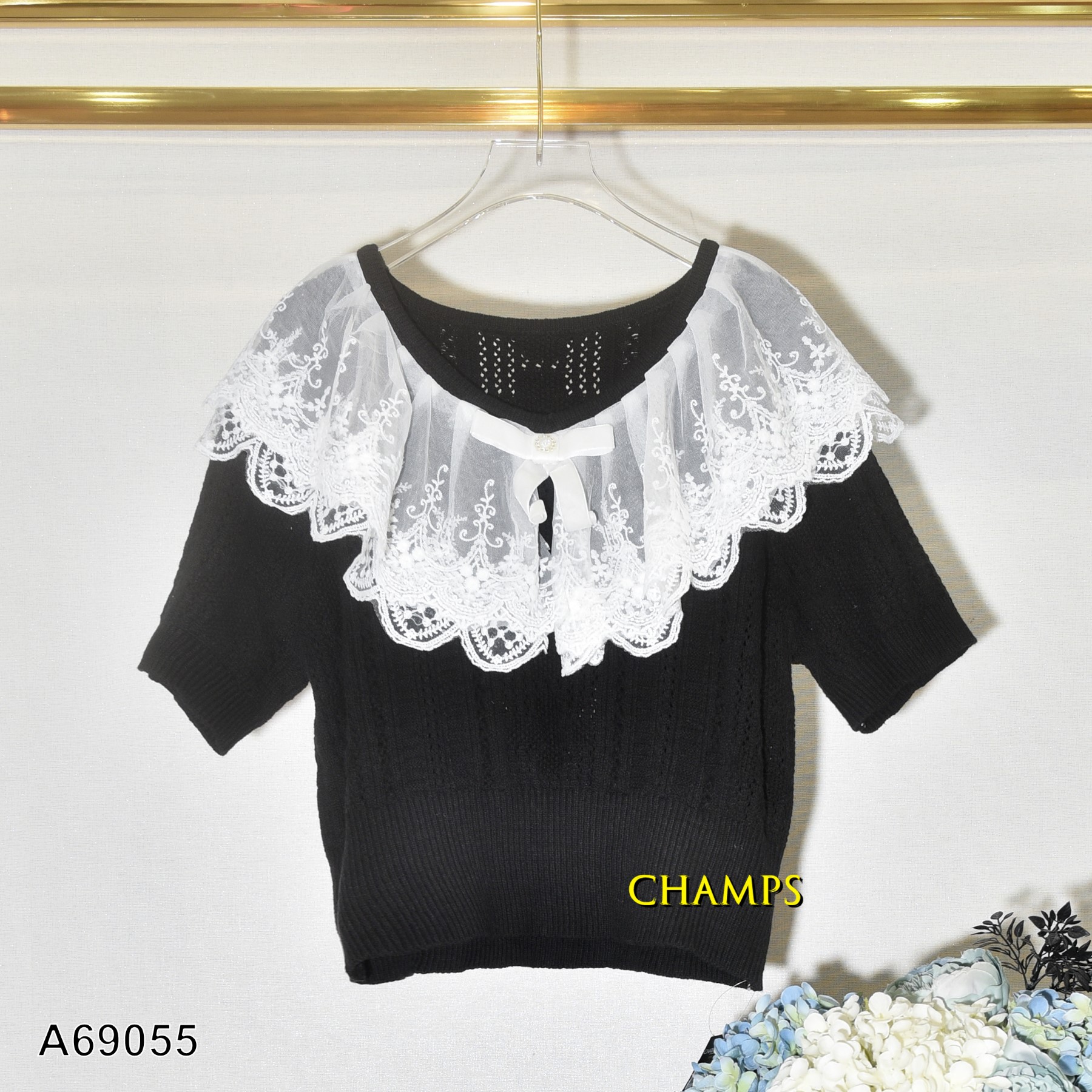 ÁO LEN ĐEN DÀY CỔ BÈO REN 69055