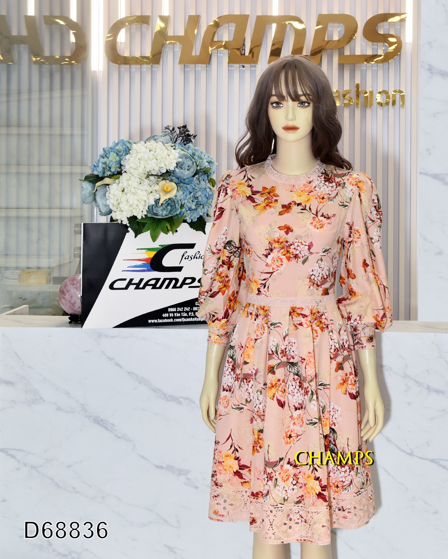 ĐẦM LỤA KEM HOA CHÙM 68836