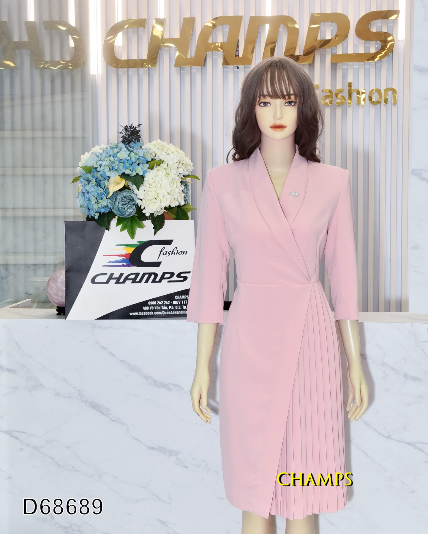 ĐẦM VEST HỒNG XẾP LY HONG +CÀI 68689