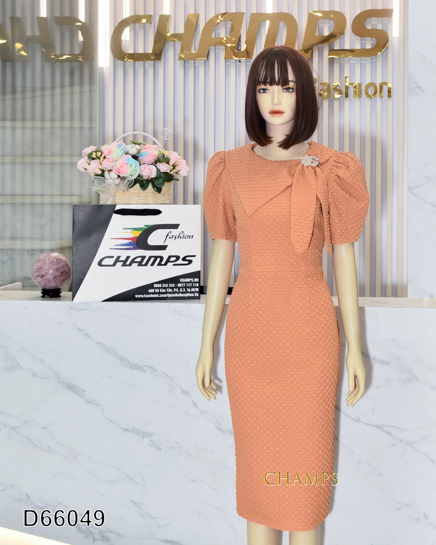 ĐẦM ÔM XỐP CAM DÀI NƠ +CÀI 66049