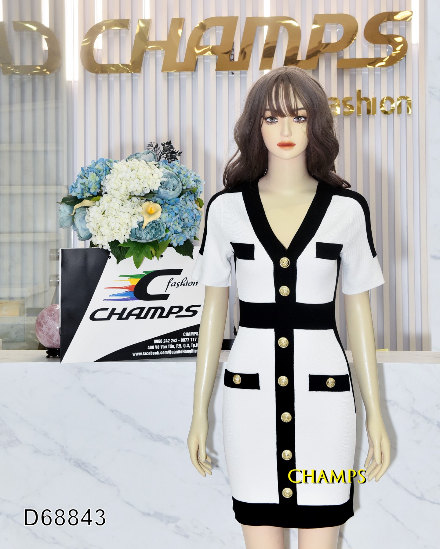 ĐẦM LEN ÔM ĐEN TRẮNG 68843 | Champs Fashion - Thời Trang Hàng Hiệu
