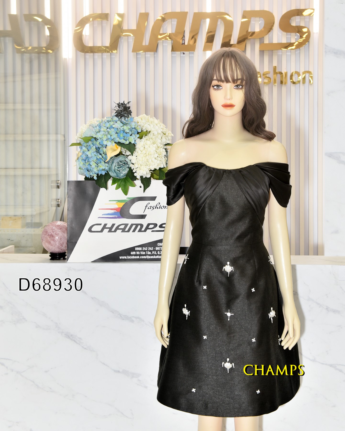 ĐẦM ĐEN VAI TRỄ ĐÍNH ĐÁ HTK 68930