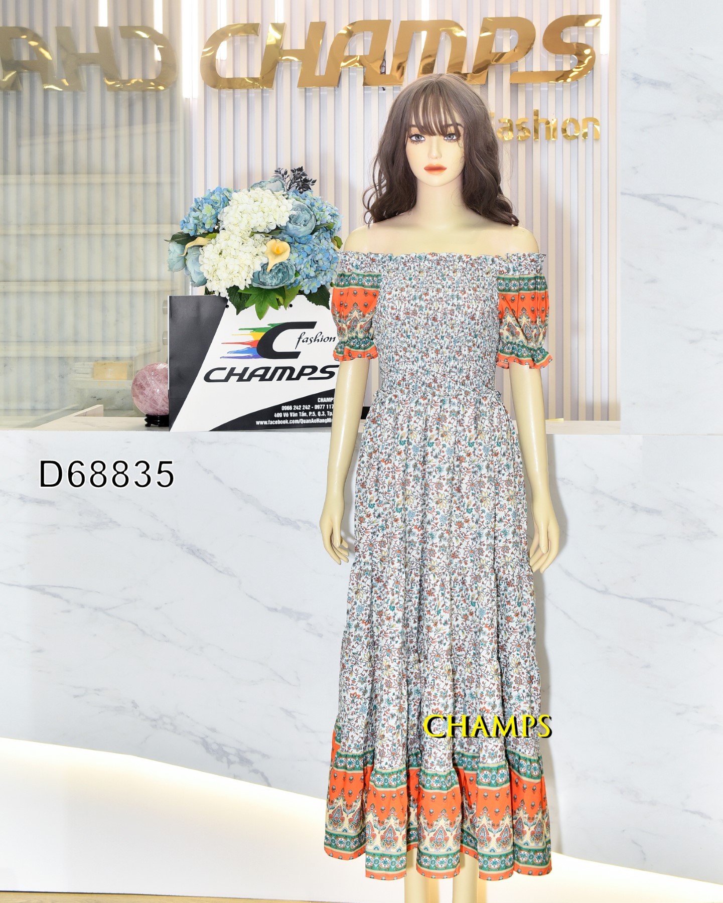 ĐẦM LỤA VAI TRỄ PHỐI CAM DÀI 68835