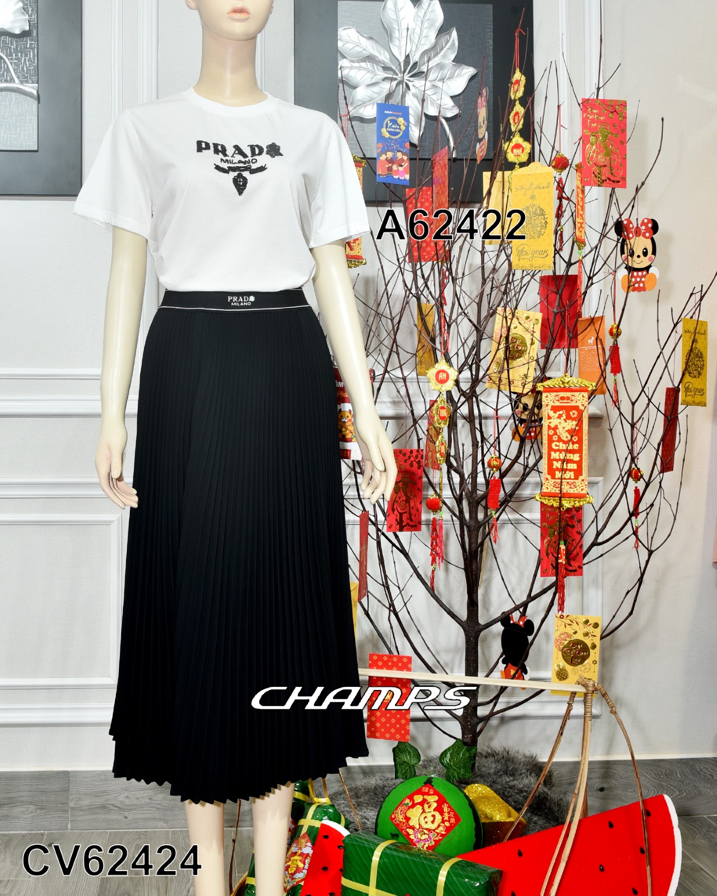 Bộ váy xếp ly dài tay phối áo vest len dệt kim - Hanyza Store