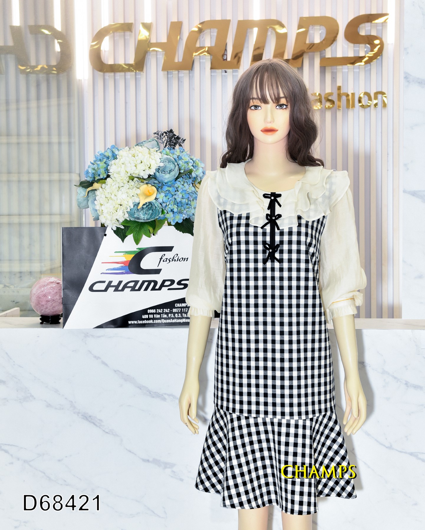 ĐẦM CARO TAY KEM NƠ 68421