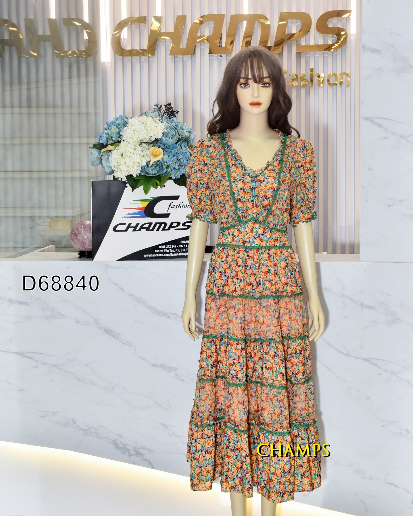 ĐẦM LỤA HOA NHÍ VÀNG VIỀN XANH 68840