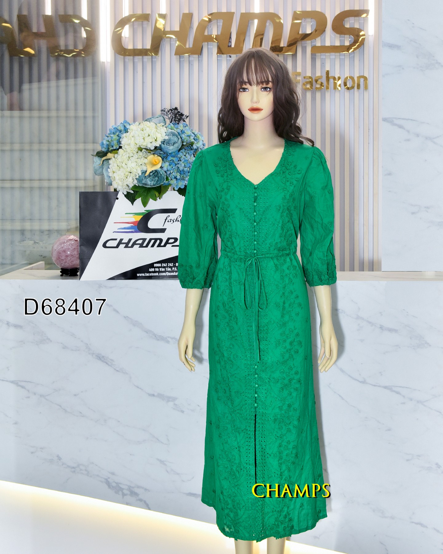 ĐẦM XANH DÀI THÊU RÚT EO 68407
