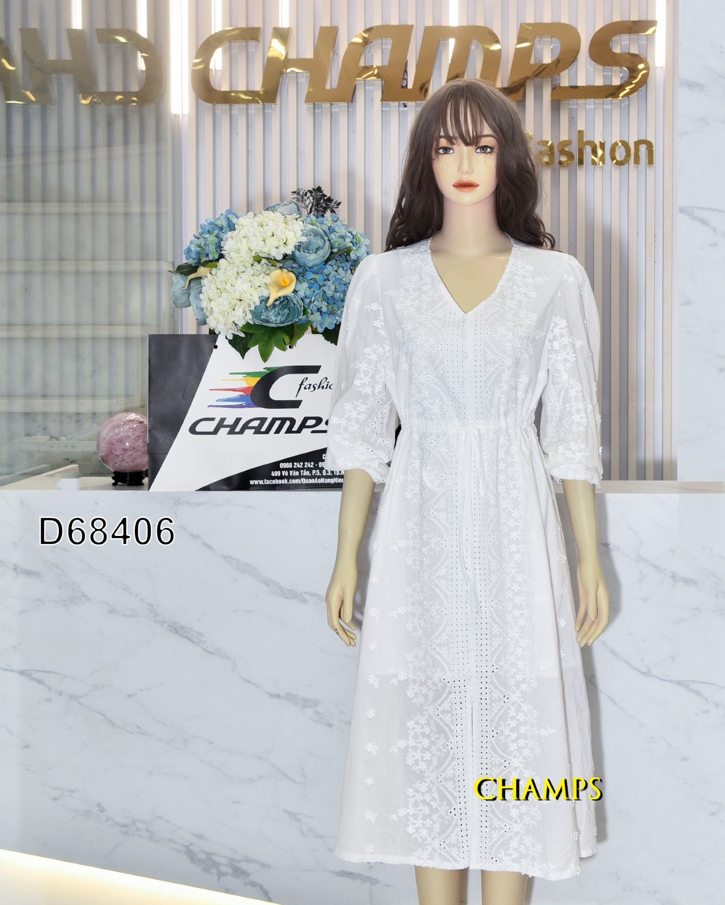 ĐẦM TRẮNG DÀI THÊU RÚT EO 68406