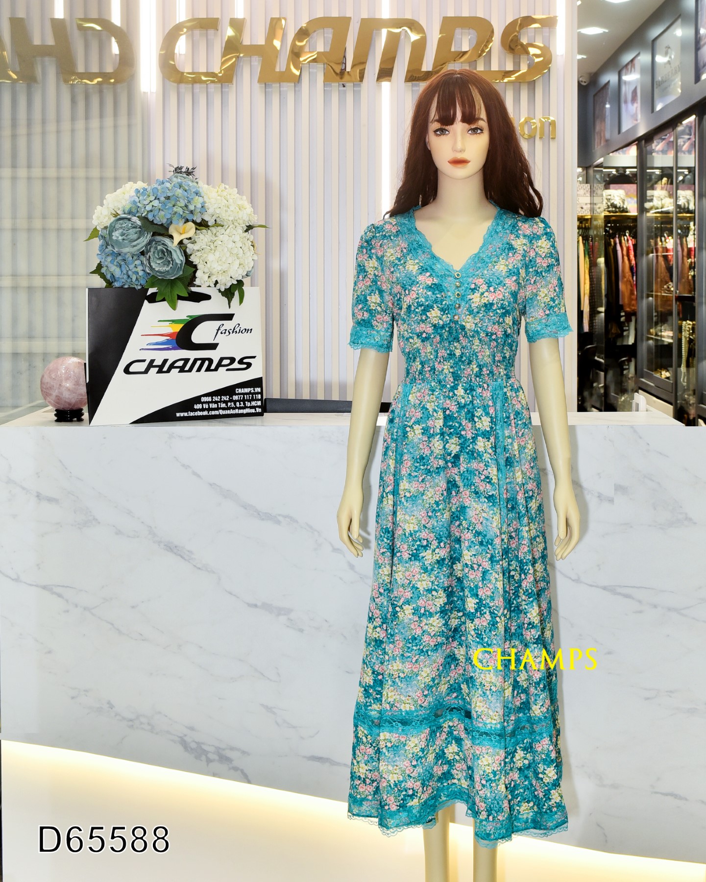 ĐẦM LỤA HOA XANH NHÍ 65588