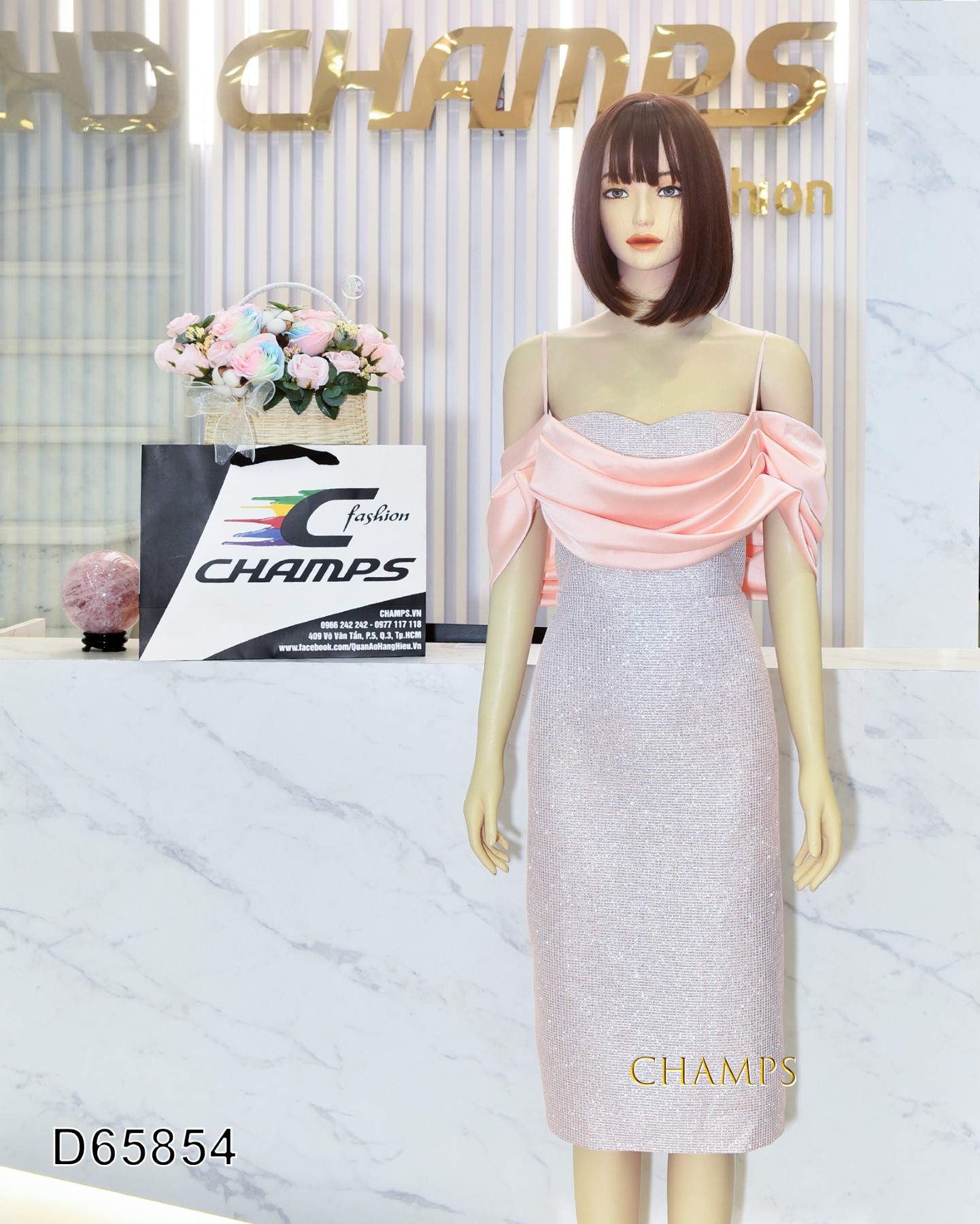 ĐẦM NHŨ HỒNG CAM VAI TRỄ 65854