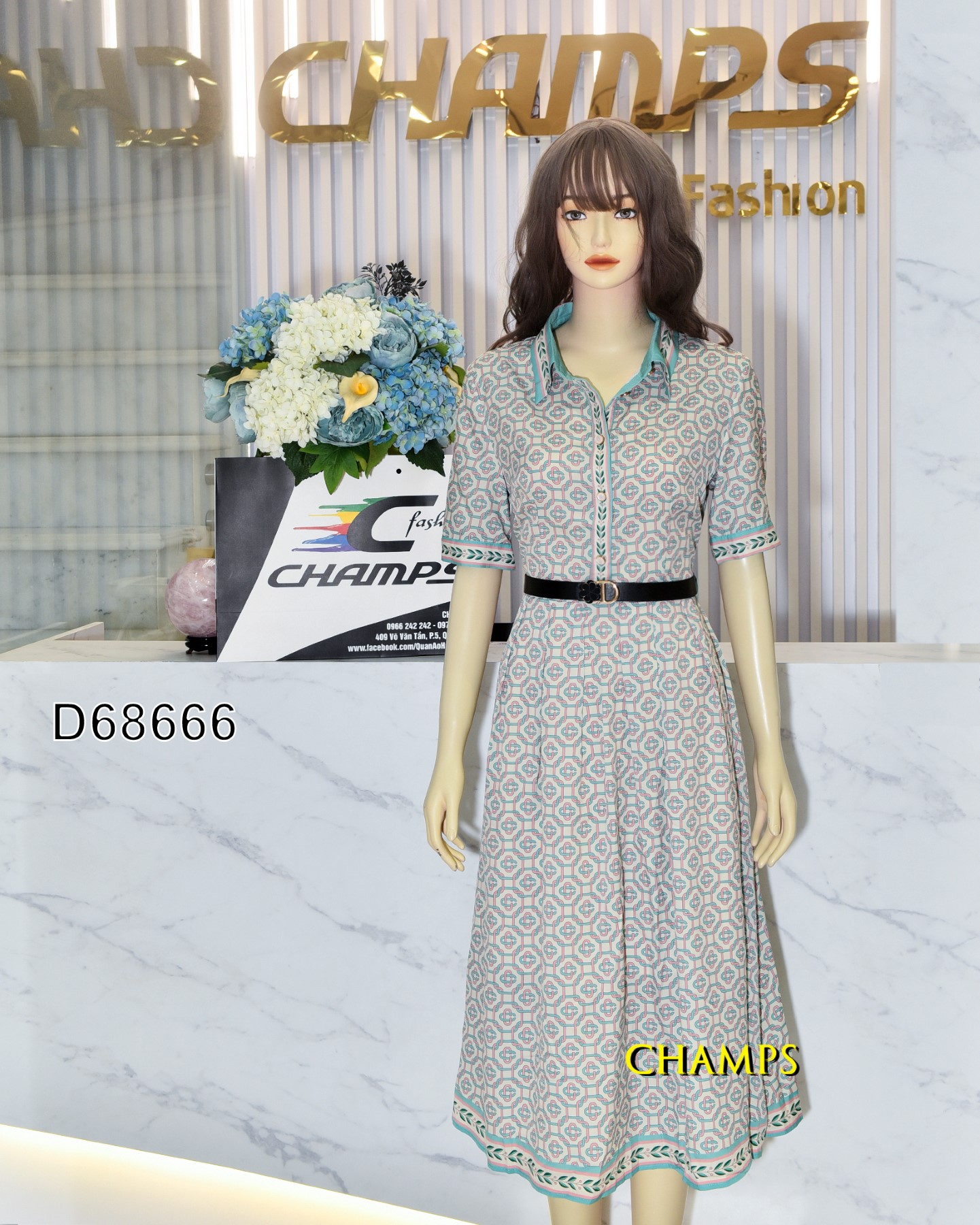 ĐẦM LỤA SƠ MI XANH KEM +DN 68666