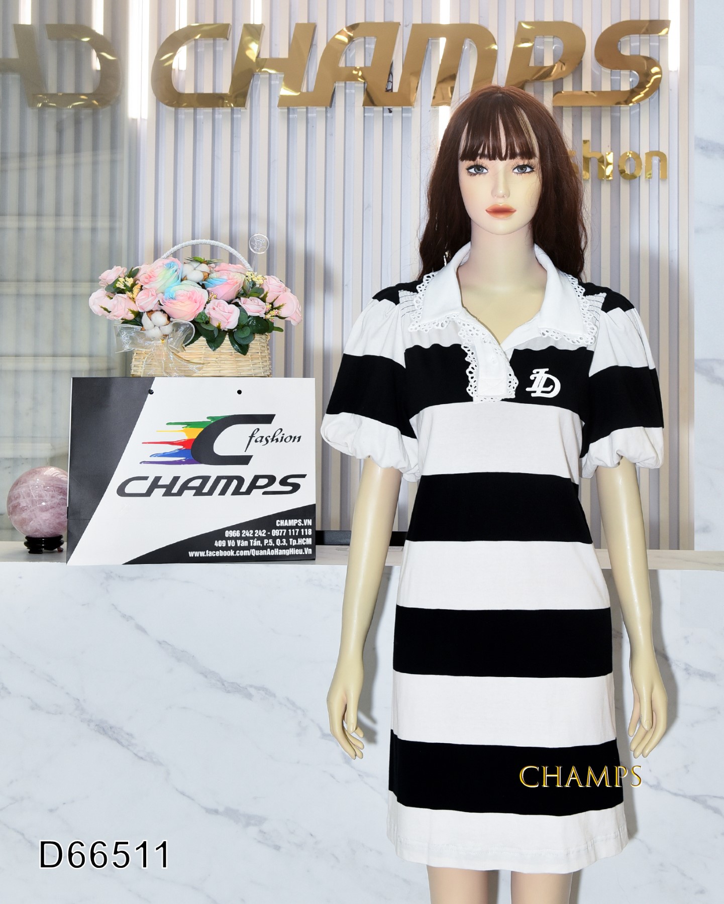 ĐẦM THUN KẺ ĐEN TRẮNG REN 66511