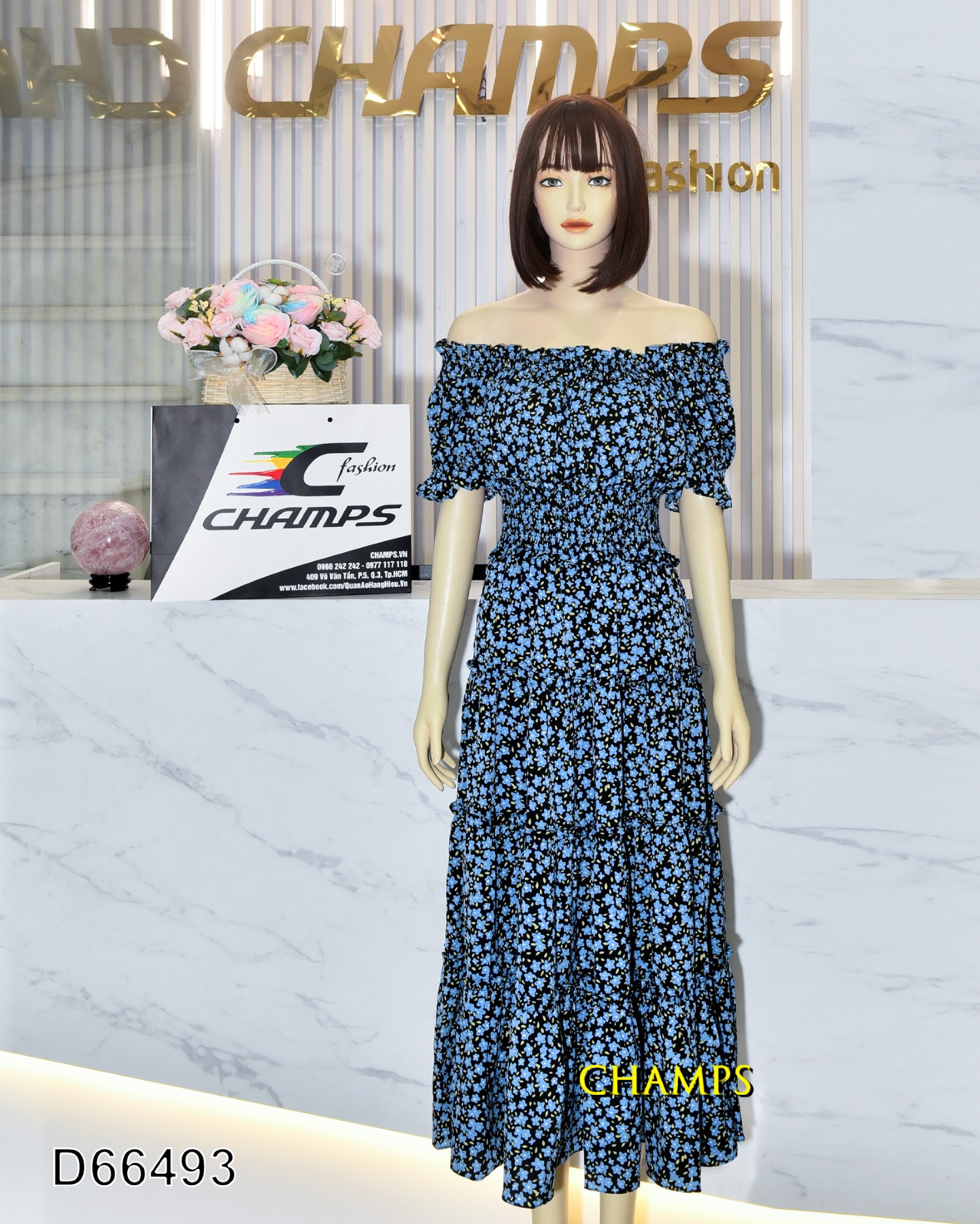 ĐẦM ĐEN XÔ DÀI HOA XANH VAI TRỄ 66493