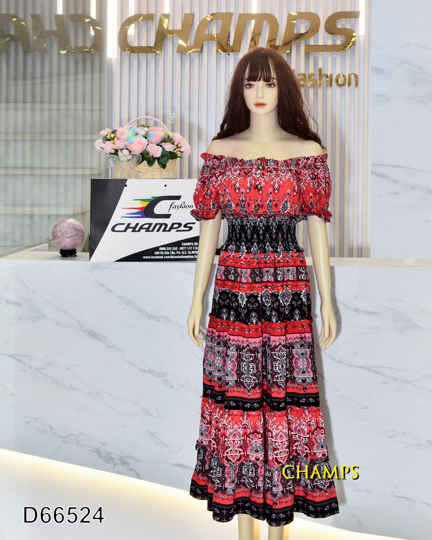 ĐẦM ĐỎ ĐEN DÀI VAI TRỄ 66524