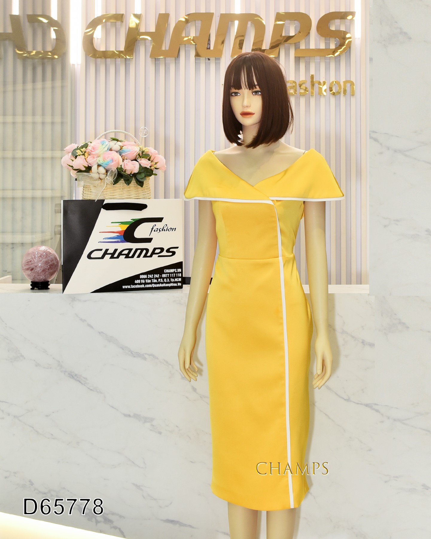 ĐẦM VÀNG VAI TRỄ +CÀI HOA 65778