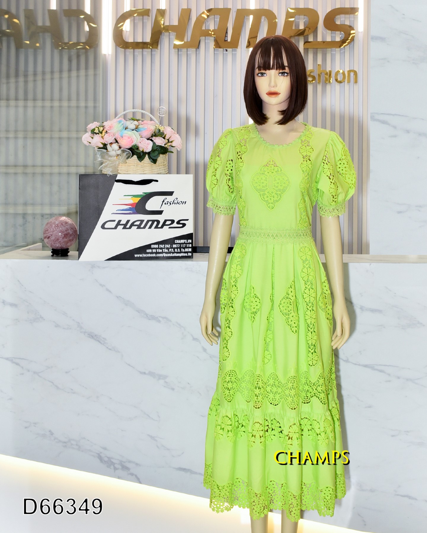 ĐẦM TƠ XANH DÀI REN 66349