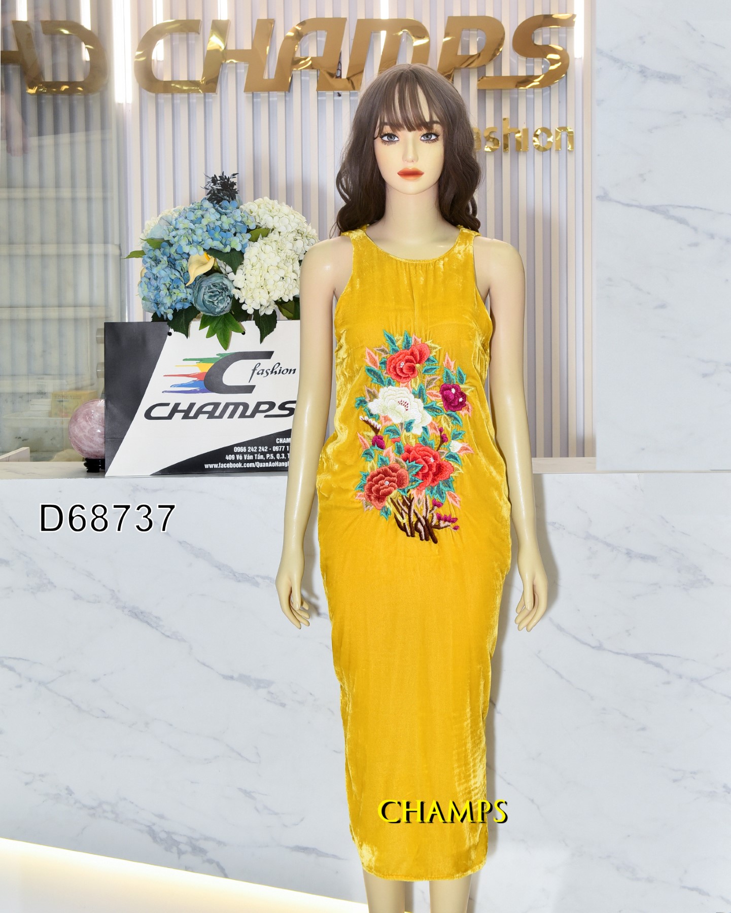 ĐẦM NHUNG VÀNG 2 DÂY THÊU 68737