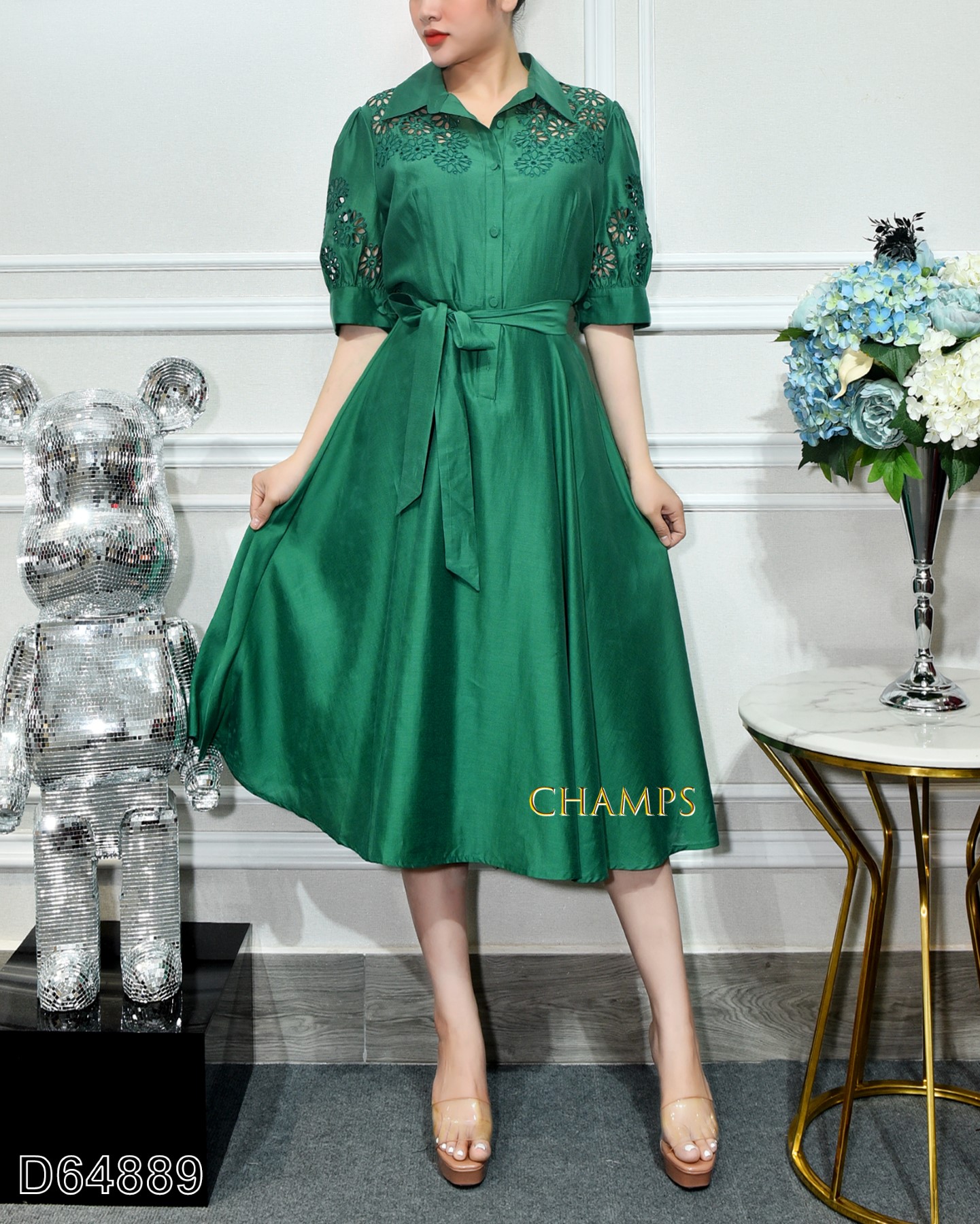 ĐẦM XÔ XANH VAI THÊU LỖ 64889