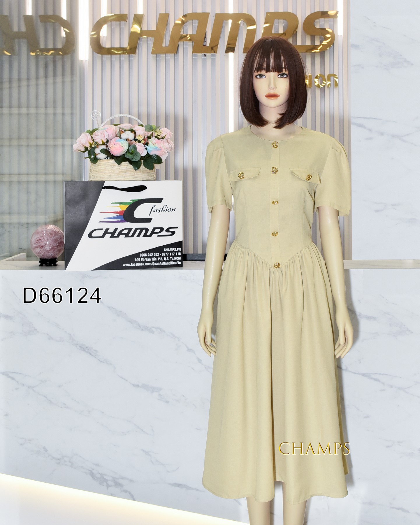 ĐẦM XANH DÀI NÚT VÀNG 66124