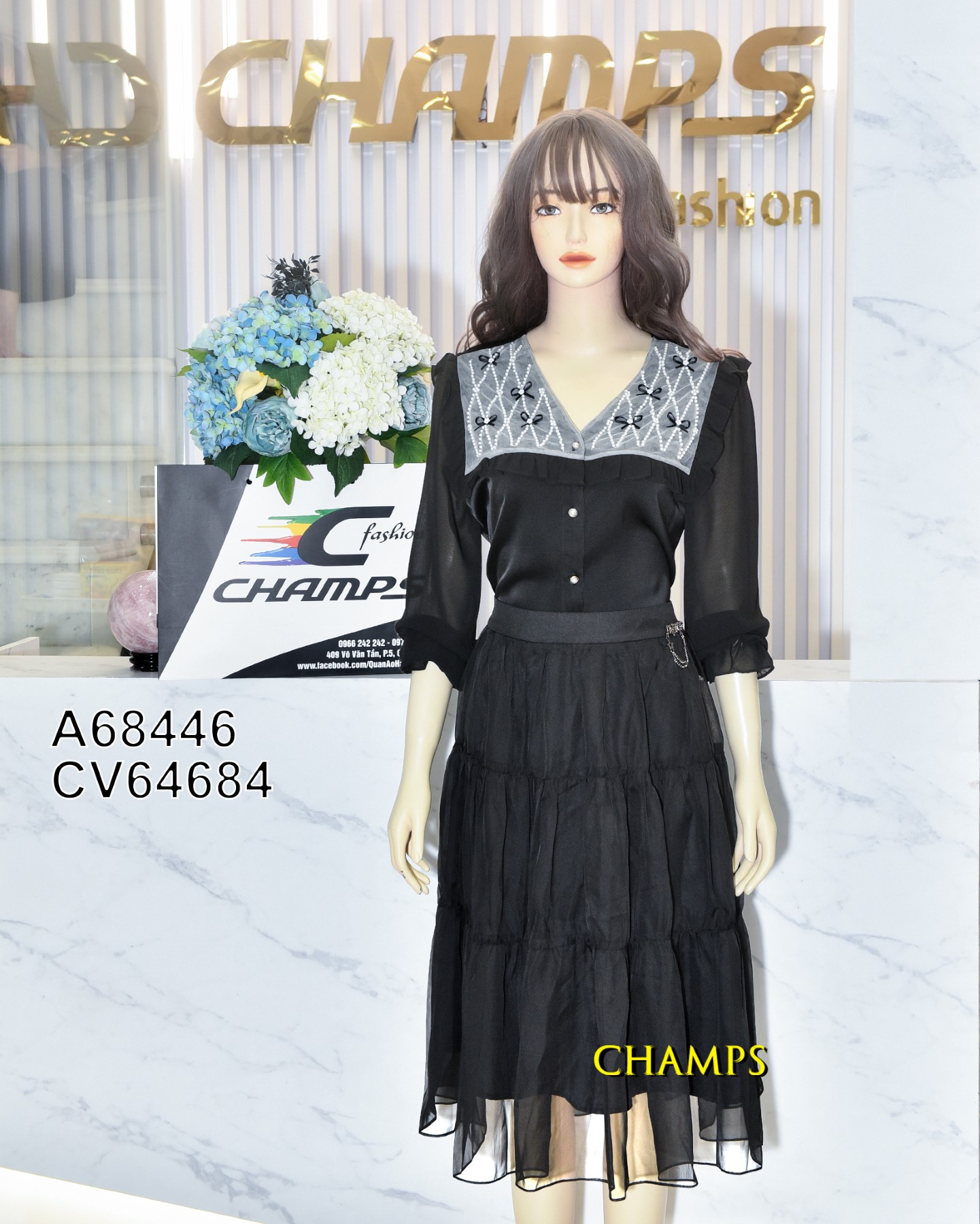 ÁO LỤA ĐEN ĐÍNH HOA 68446