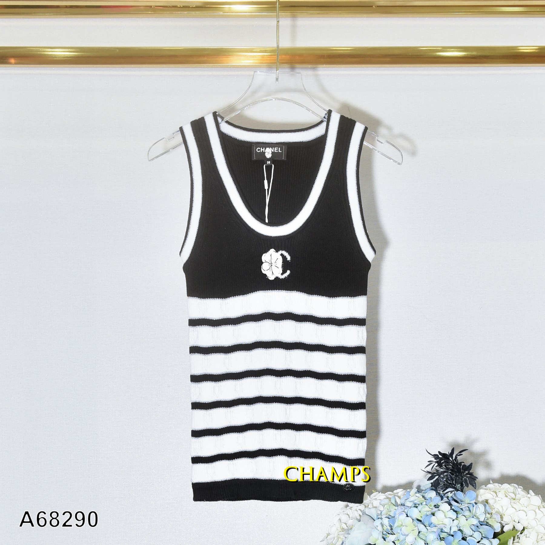 ÁO LEN SÁT NÁCH CHANEL KẺ ĐEN 68290