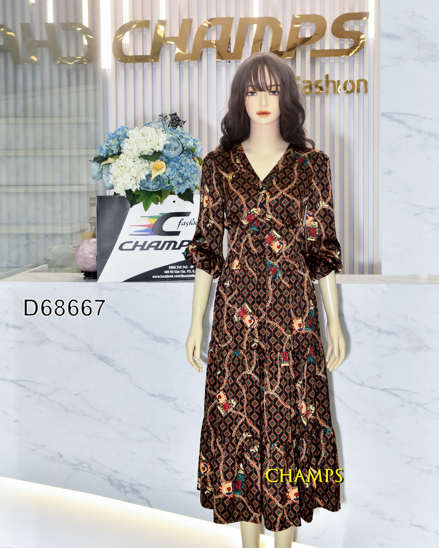 ĐẦM LỤA NÂU HOA VĂN Ô CỔ V 68667