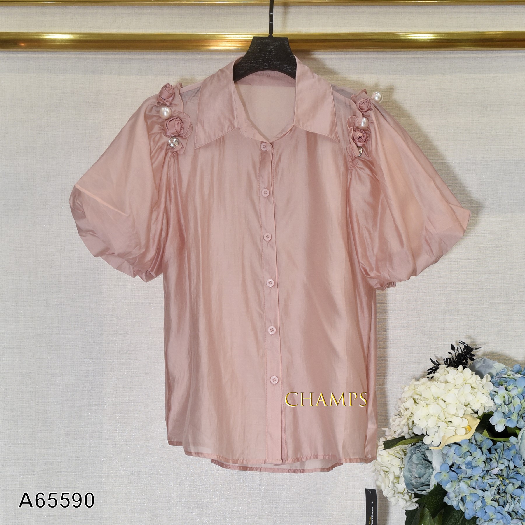 ÁO SƠ MI TAY VIỀN HOA HỒNG 65590